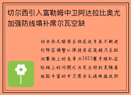 切尔西引入富勒姆中卫阿达拉比奥尤加强防线填补席尔瓦空缺