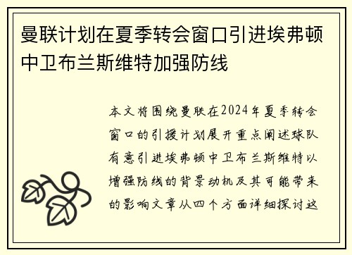 曼联计划在夏季转会窗口引进埃弗顿中卫布兰斯维特加强防线 曼联计划在夏季转会窗口引进埃弗顿中卫布兰斯维特加强防线