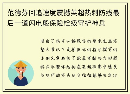 范德芬回追速度震撼英超热刺防线最后一道闪电般保险栓级守护神兵