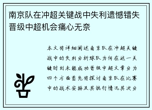南京队在冲超关键战中失利遗憾错失晋级中超机会痛心无奈