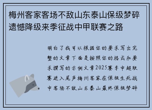 梅州客家客场不敌山东泰山保级梦碎遗憾降级来季征战中甲联赛之路