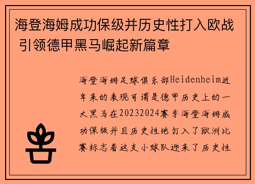 海登海姆成功保级并历史性打入欧战 引领德甲黑马崛起新篇章